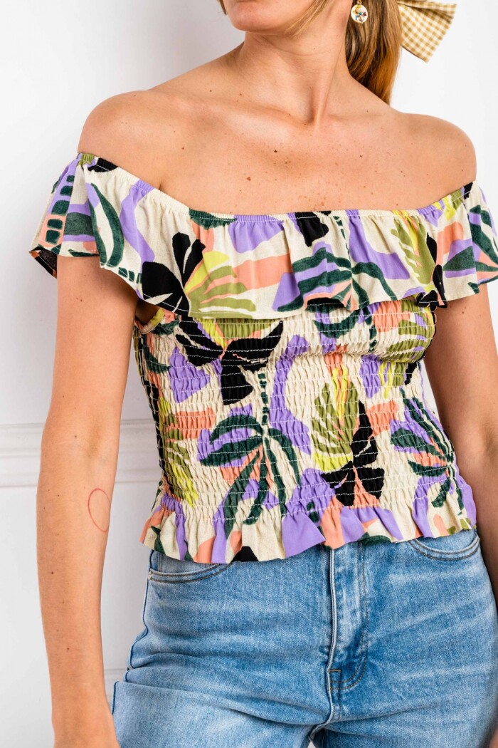 Blusa Volado Hombros Print Rosa