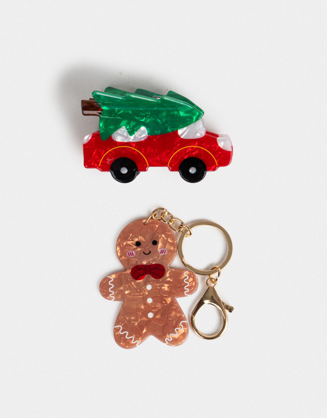 Accesorios Pelo Set Regalables Set De Llavero Y Broche Navidad - Combinacion Tricolor