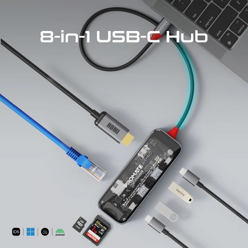 Hub Promate USB-C 8 in 1 100W Power Delivery Hub Promate USB-C 8 in 1 100W Power Delivery