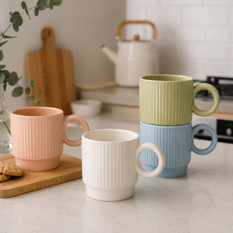 Taza de cerámica facetada con asa circular Blanco