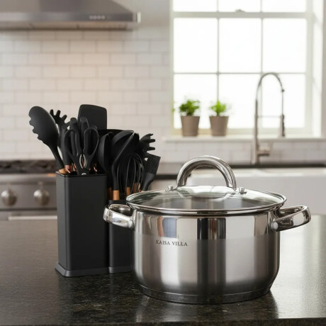 Set Cocina Utensilios 19Pzs + Olla Acero Inoxi 22cm 4,8L Negro