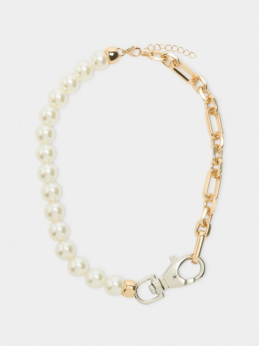 Collar Corto De Eslabones Con Perlas - plateado 