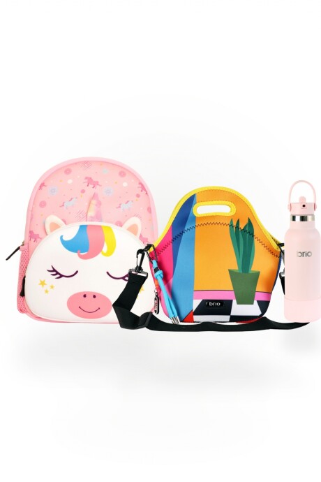 Set de mochila infantil de neopreno, lunchera de neopreno con correa ajustable y botella de acero inoxidable 500ml brio set-armonía
