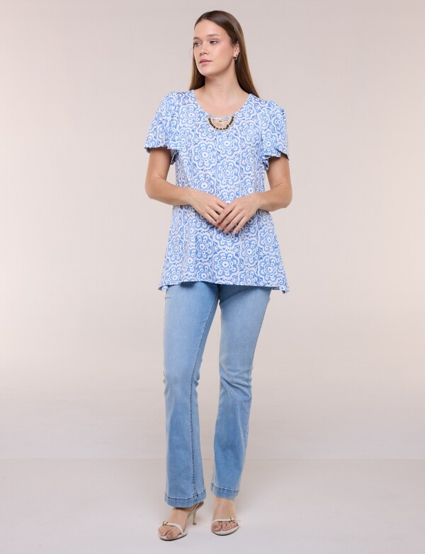 Blusa Mandalas Con Aplique étnico Y Mangas Volado BLANCO/AZUL