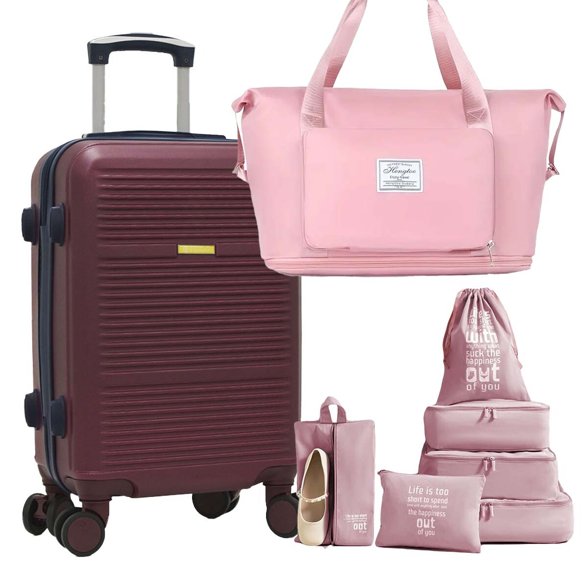 Set Valija Rígida Grande + 6 Organizadores Equipaje + Bolso - Bordó 