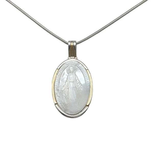 Dije Colgante Oval Virgen Milagrosa-Plata 925 y Oro-Con Piedra Nacar-CP5211 conpiedra