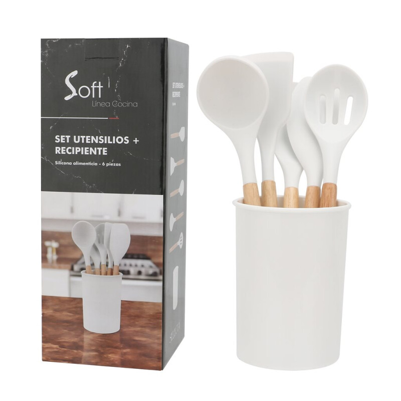 Utensilios para Cocina de Silicona y Mango de Madera 6 Piezas Blanco