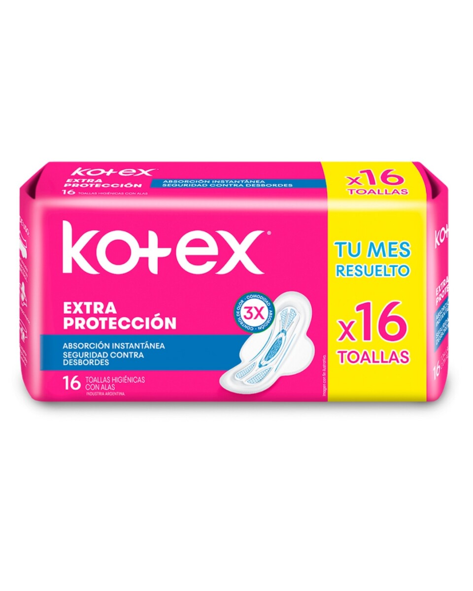 KOTEX TOALLITAS EXTRA PROTECCIÓN CON ALAS 16 UNIDADES 