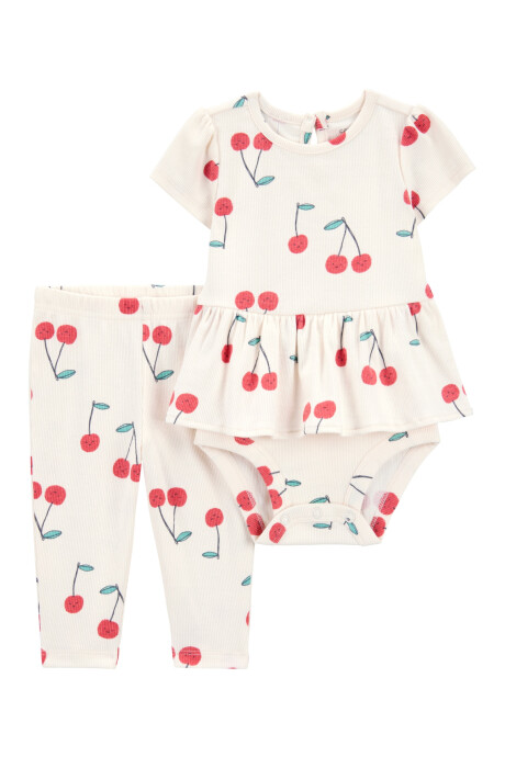 Set dos piezas de algodón, pantalón y body con volado, diseño cerezas Sin color