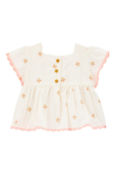 Blusa de algodón texturado, manga con volados, diseño floral Sin color