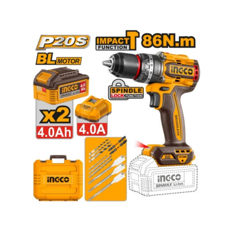 Kit Taladro Atornillador Percutor INGCO CIDLI208682 86NM P20S Con 2 Baterias 4.0AH y Cargador 20V