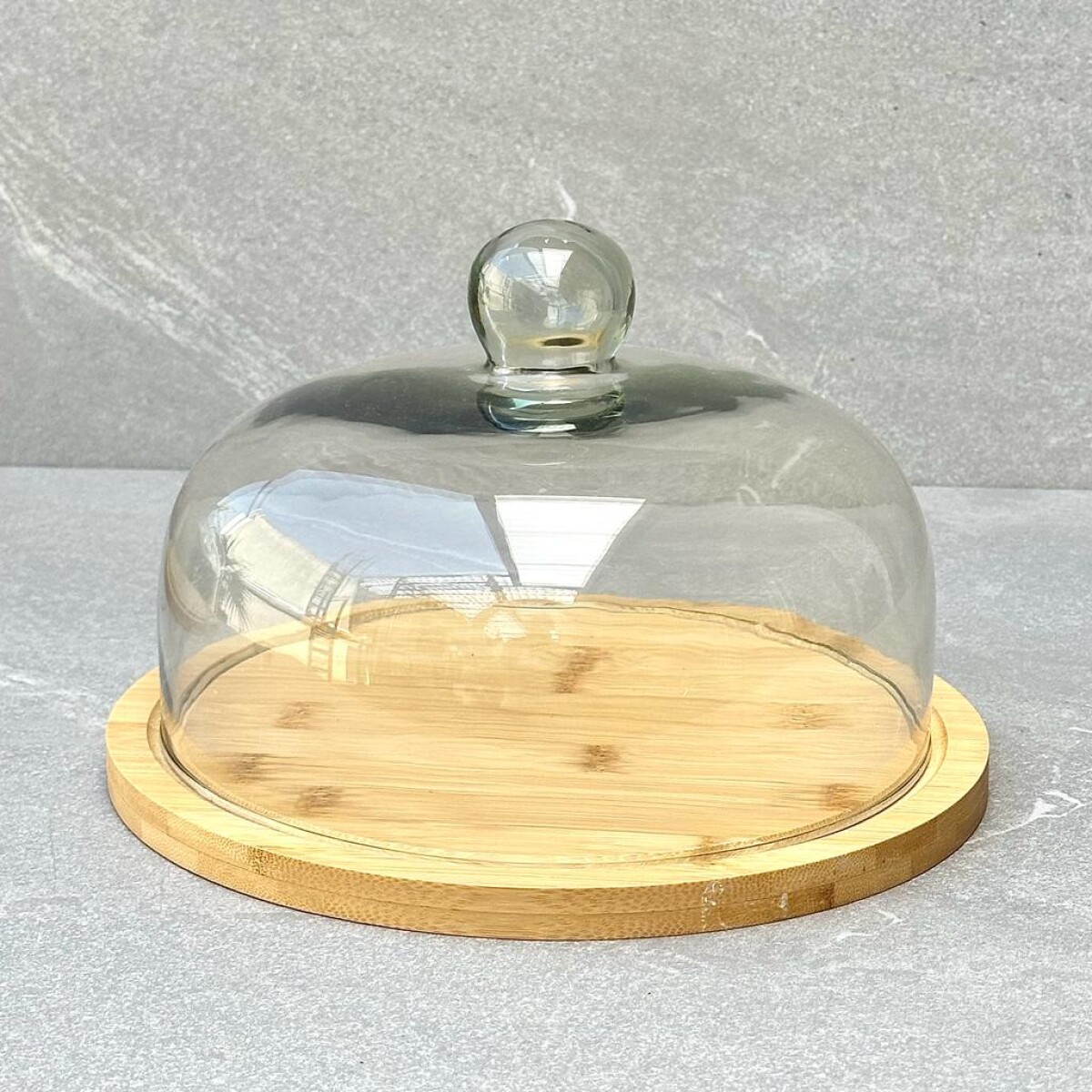 Plato Torta Bambú C/Tapa De Vidrio Alto 16cm x Ø 26cm 