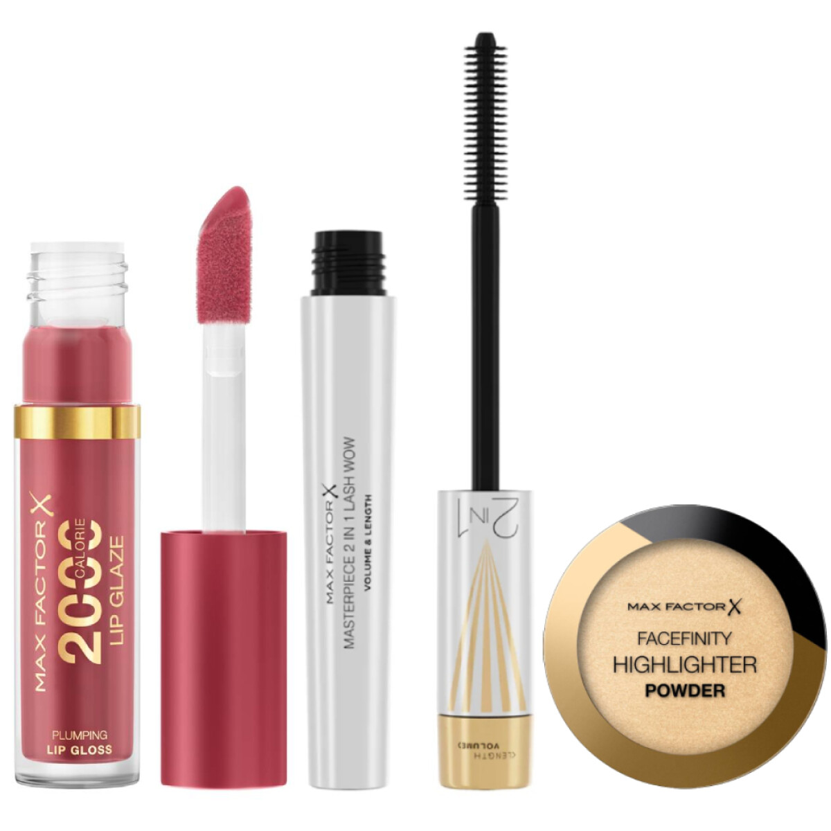 Pack Max Factor Máscara de Pestañas Masterpiece + Iluminador Facefinity + Gloss 2000 Calories 