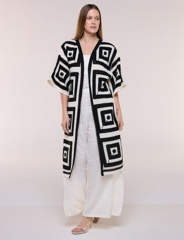 Cardigan Largo Crochet Mangas Kimono NEGRO