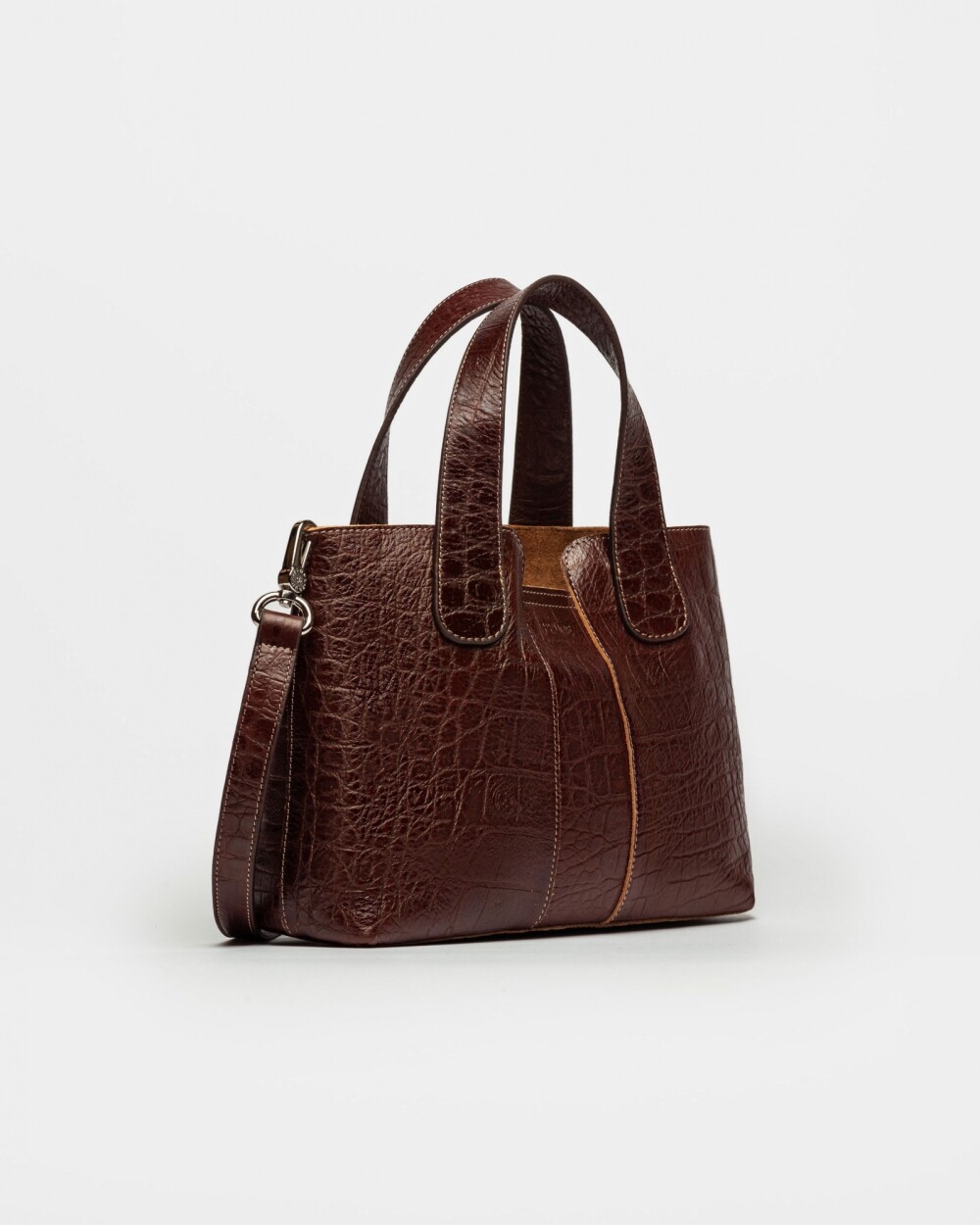 Cartera de Mano The Braided En Cuero Grabado Croco Red Tabaco