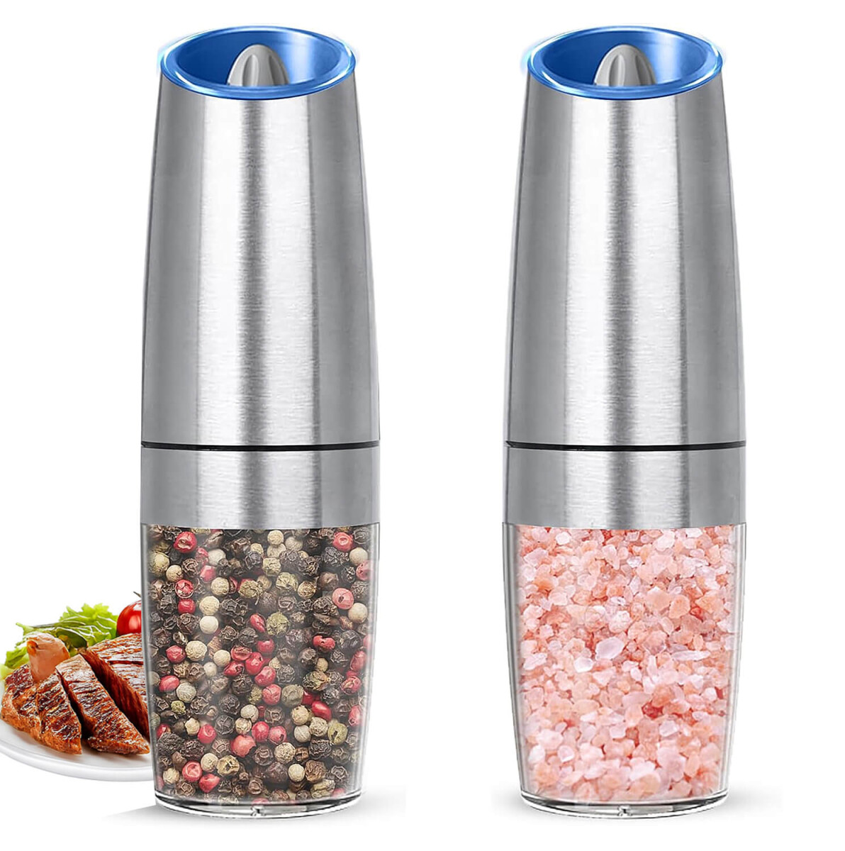 Juego de 2 Pimentero Salero Electrico con Luz Led Especiero Acero Inoxidable IMBACK Plateado 