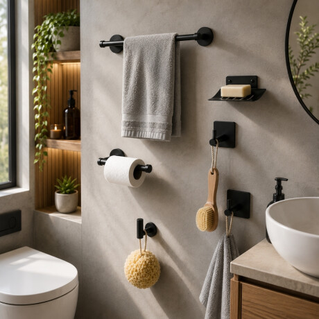Conjunto de accesorios para baño 6 piezas en metal NEGRO