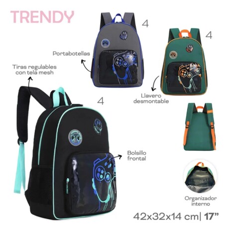 Mochila Trendy Escolar con porta botellas y llavero Negro