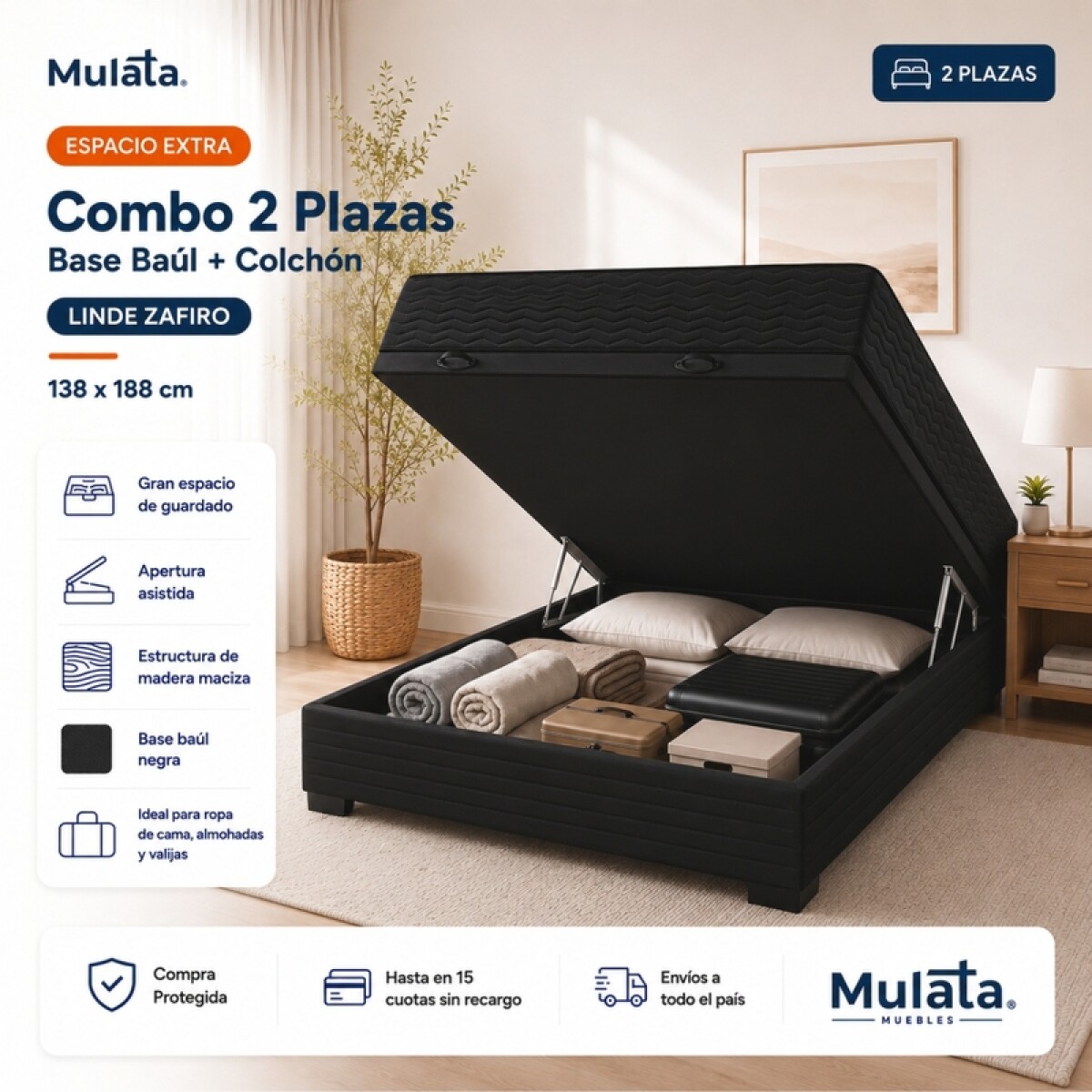 Sommier Baúl 2 Plazas Negro con Colchón Linde Zafiro 140x190 Firme 
