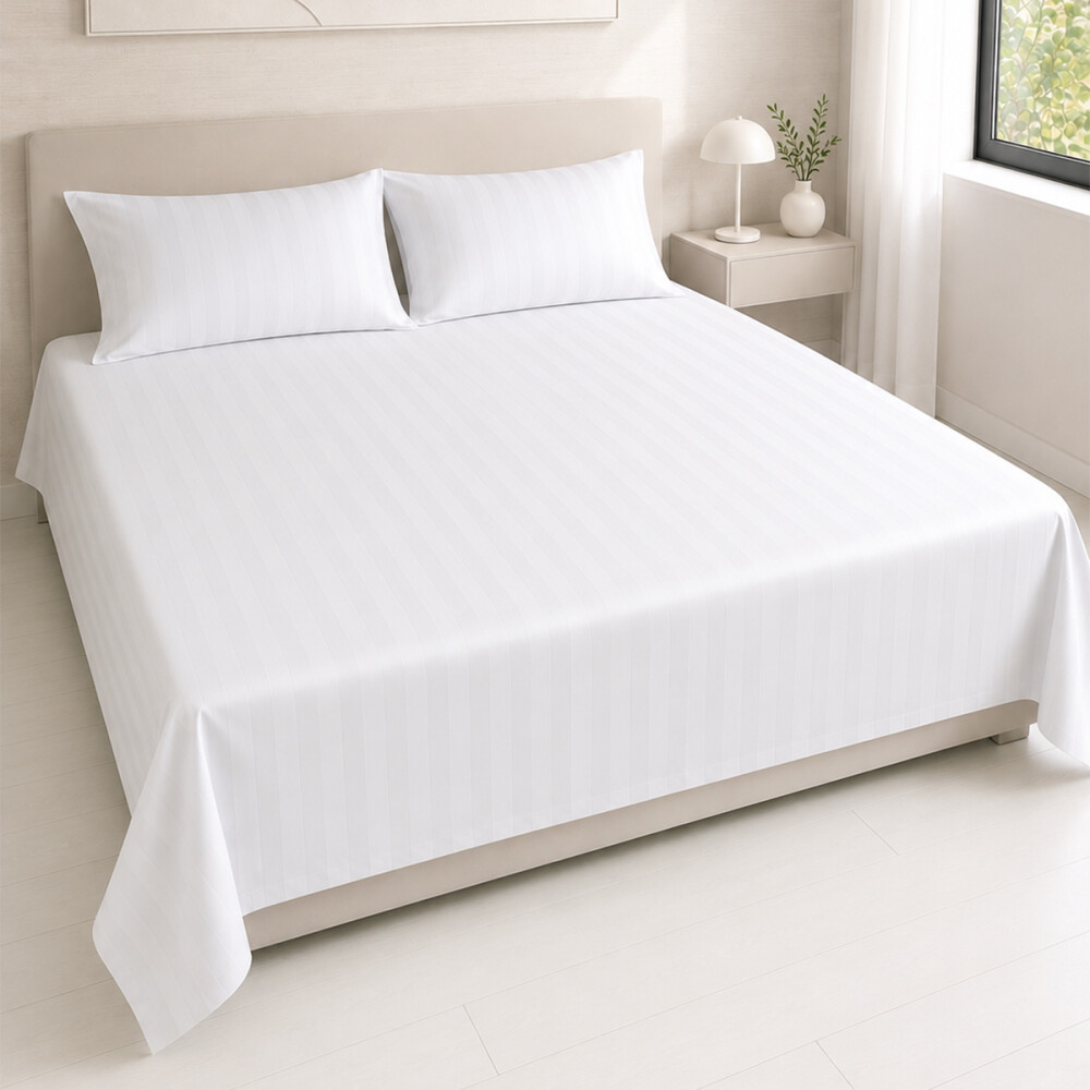 Juego de sábanas KING de tela a rayas Premium 400 hilos Blanco