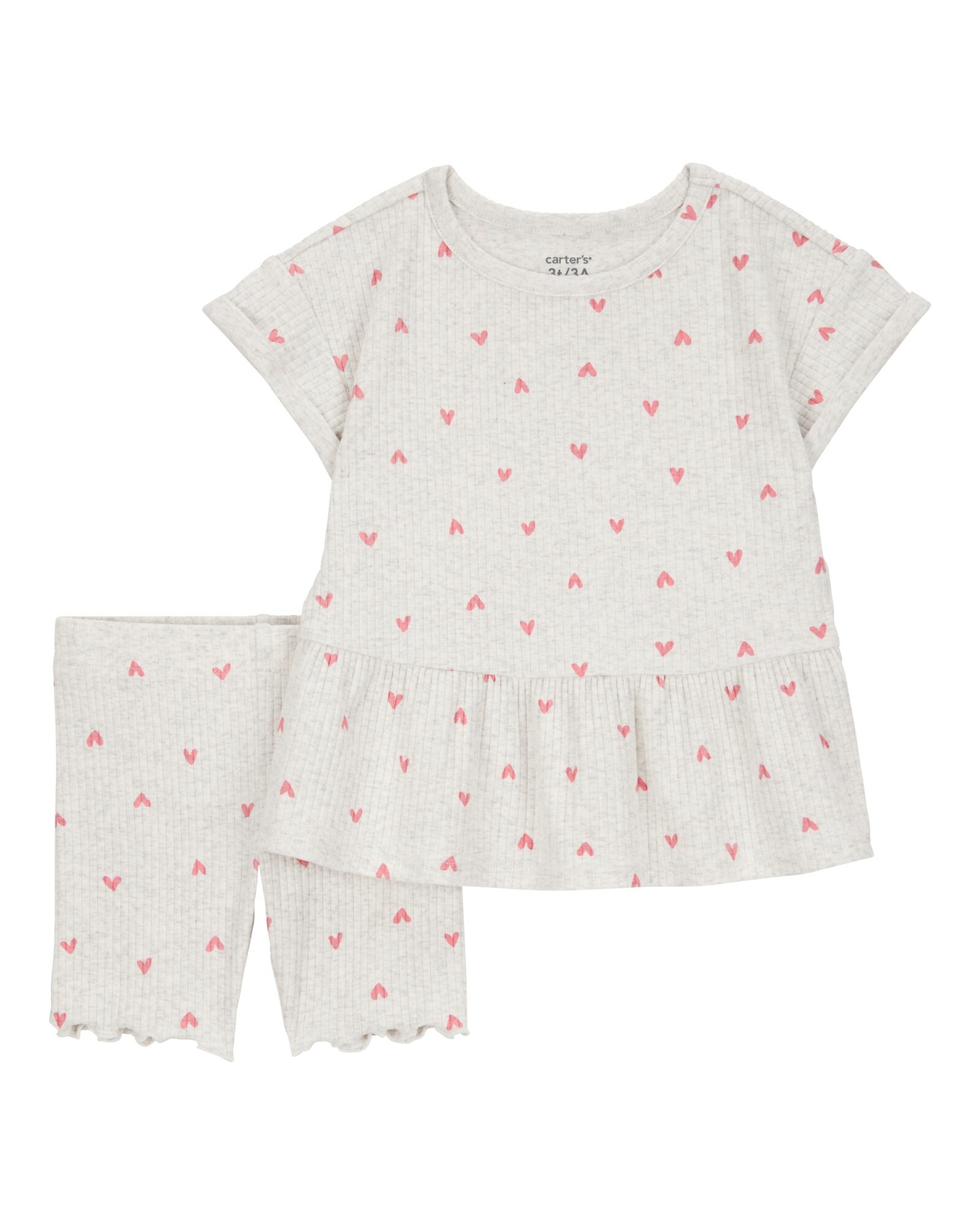 Set dos piezas de algodón acanalado, short y blusa, diseño corazones Sin color