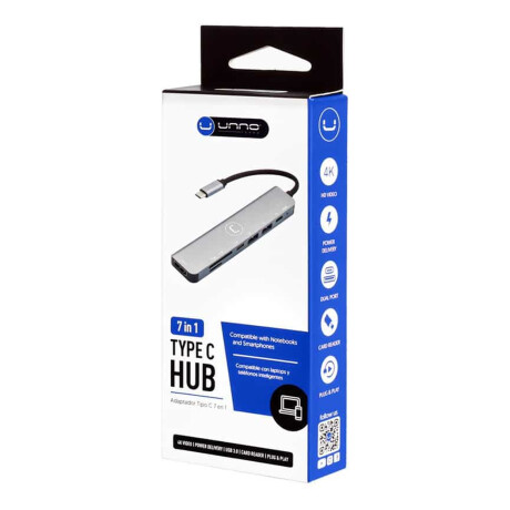 Unno - Hub usb C 7 en 1 HB1107SV - 1 HDMI / 1 Pd / 2 USB a / 1 USB C / 1 Sd / 1 Micro Sd. Android / 001