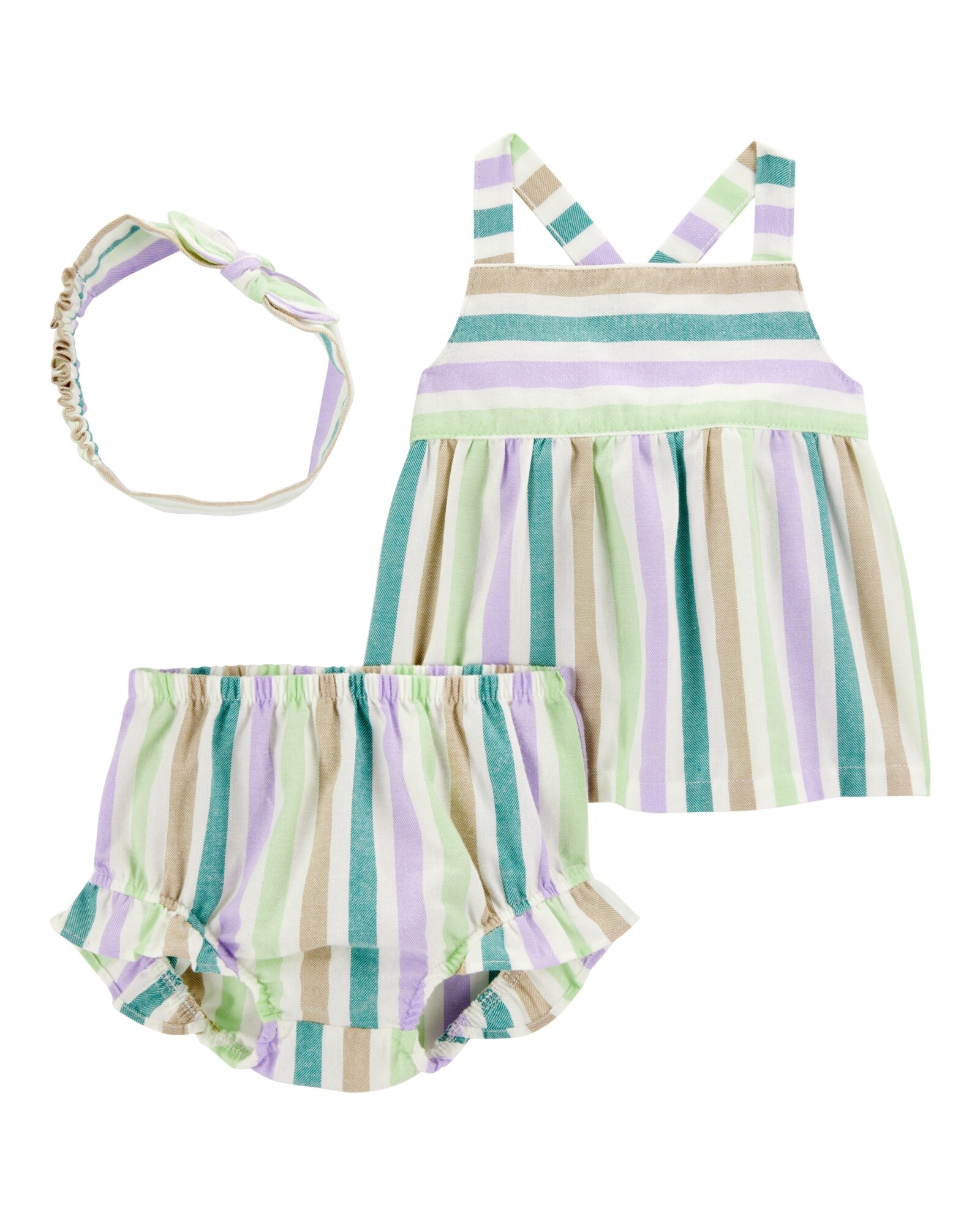 Set tres piezas de algodón, short, blusa y vincha, diseño a rayas Sin color