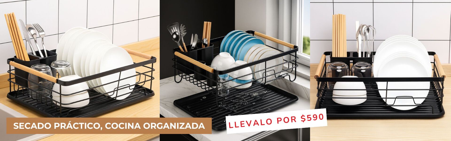 Escurridor De Platos Secaplatos Cocina Vajilla Metal Madera Negro Con