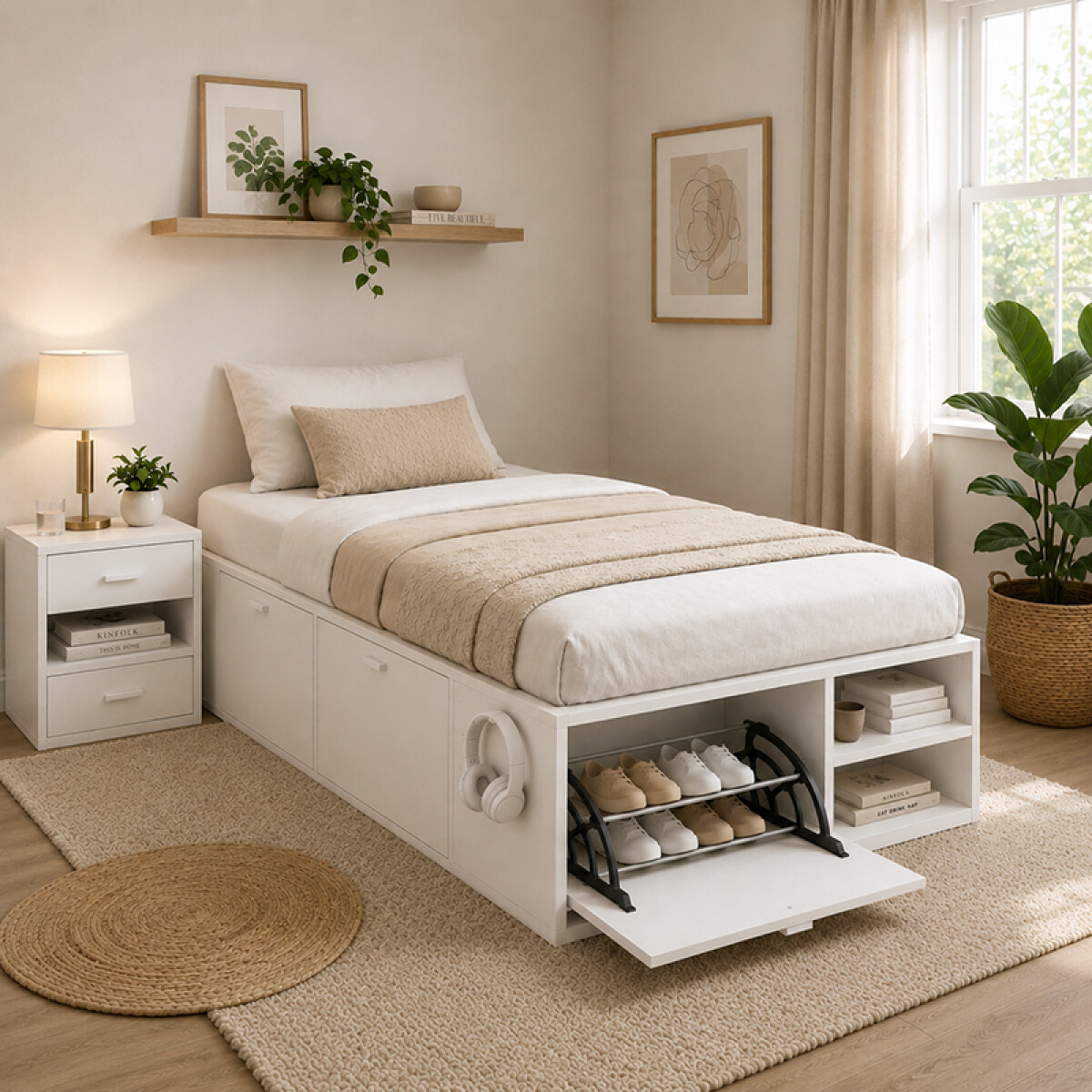 Cama 1 plaza con zapatera y cajones - blanco 