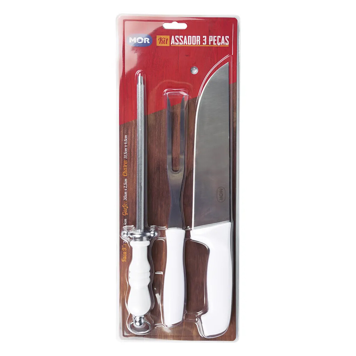 Set asador 3 piezas: Cuchillo, tenedor y chaira mango blanco - BLANCO 