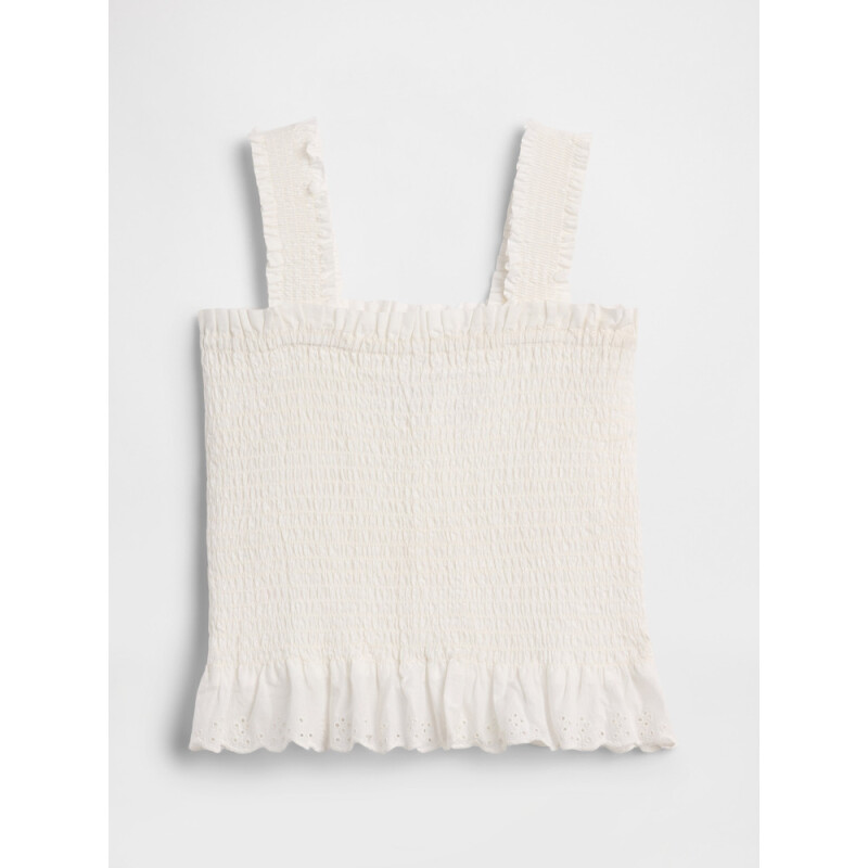 V-SMOCKED WOVEN TOP EYELET WHITE