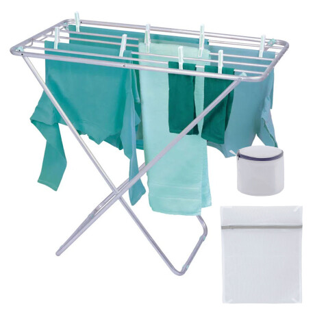 Set Tendedero Plegable Aluminio 5.91m + 2 Bolsas p/Lavarropa Plateado