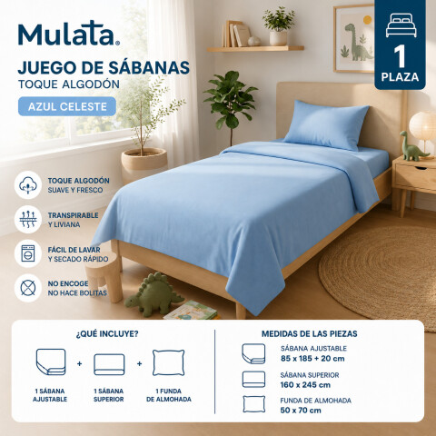 Juego De Sabanas 1 Plaza Toque Algodón Sommier Infantil - Azul Celeste Juego De Sabanas 1 Plaza Toque Algodón Sommier Infantil - Azul Celeste