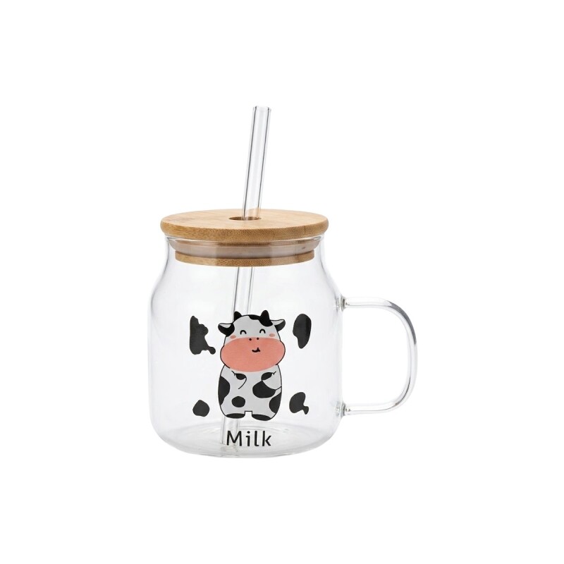 TAZA VIDRIO DIS VACA C/TAPA/PAJITA 500ML Unica