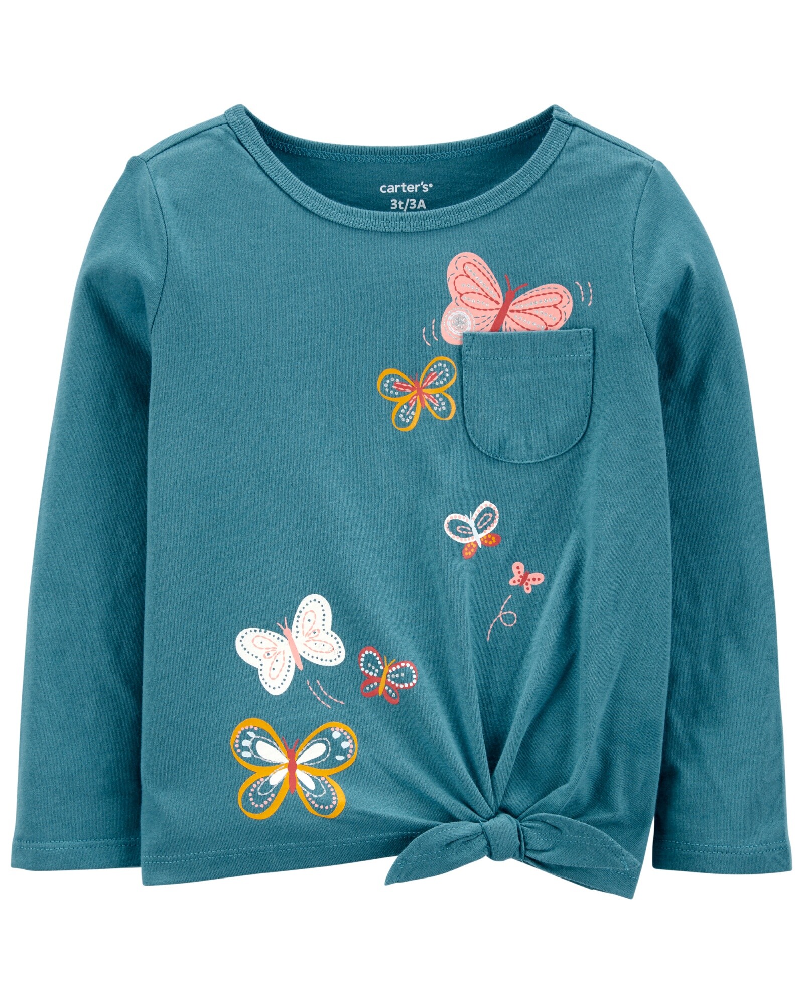 Remera de jersey manga larga con lazo, bolsillo y estampa mariposas Sin color