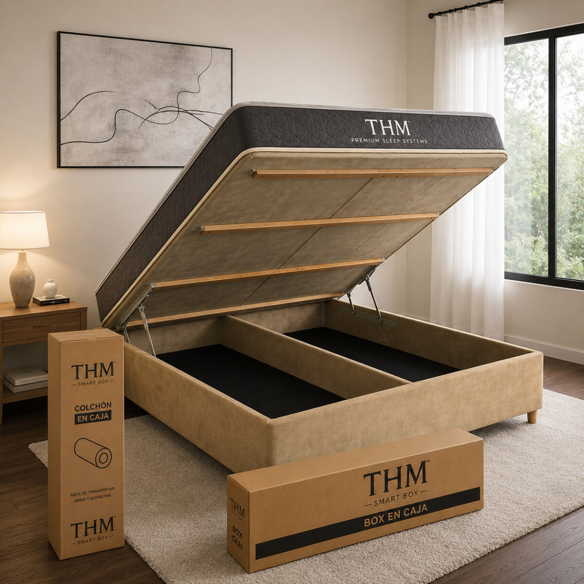 Sommier Queen THM Hybrid Silver Smart Box Baúl - Beige 