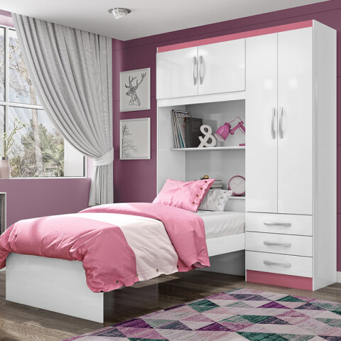 Juego de Dormitorio Ropero Lisboa 4 Puertas 3 Cajones Estantes Baúl con Cama Blanco Rosa y Colchón Roma Espuma 88 cm Juego de Dormitorio Ropero Lisboa 4 Puertas 3 Cajones Estantes Baúl con Cama Blanco Rosa y Colchón Roma Espuma 88 cm
