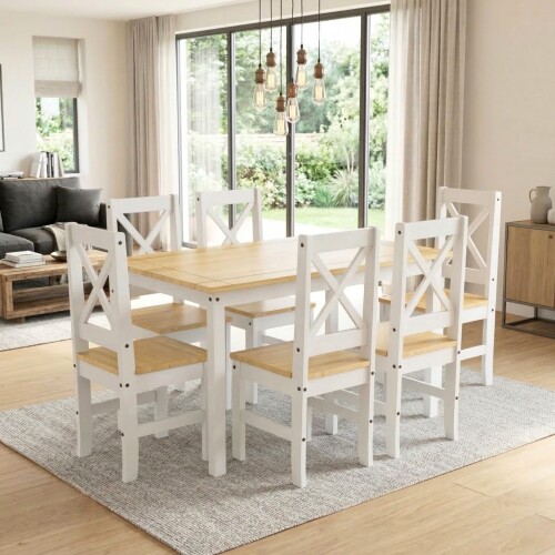 Juego de comedor 6 sillas - Madera maciza - Cruceta Blanco