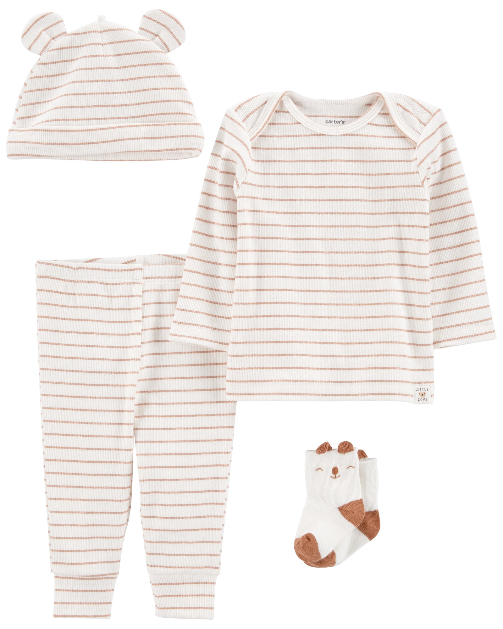 Set cuatro piezas pantalón, remera, gorro y medias de algodón Set cuatro piezas pantalón, remera, gorro y medias de algodón