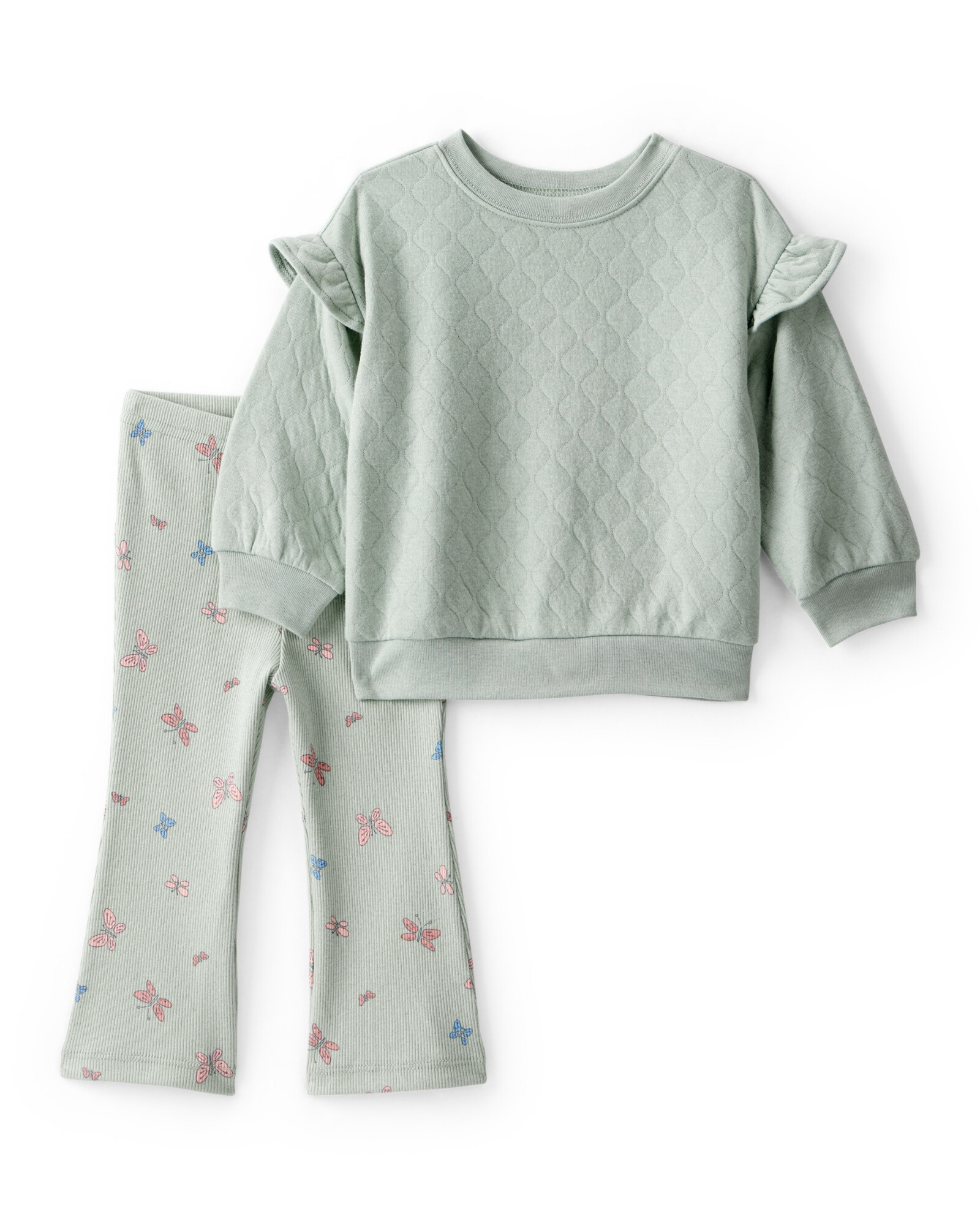 Set dos piezas de algodón, calza acanalada y buzo, verde, diseño mariposas. Talles 6-24M Sin color