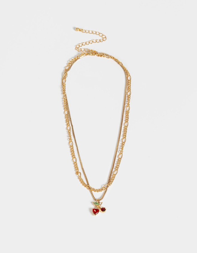 Collares Cortos Frutas Collar Doble Cadena Con Dijes De Frutas - Dorado