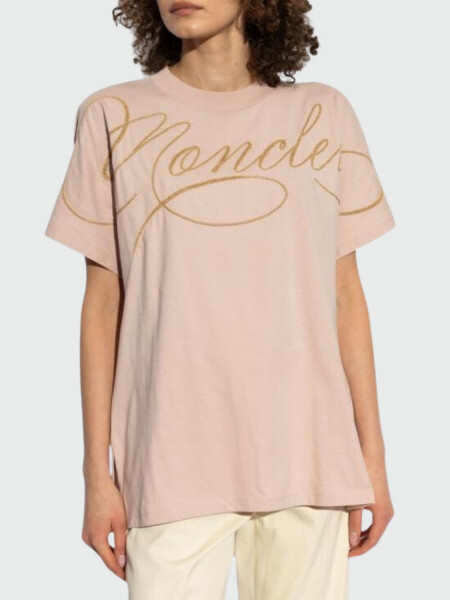 Moncler - Camiseta de Algodón con Logotipo en Cursiva Bordado Celeste
