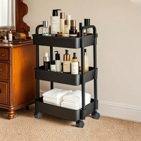 Carro organizador metálico de 3 niveles con ruedas Negro