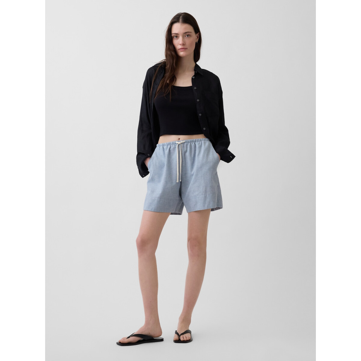 LINEN PULL ON SHORT - SHIRTING BLUE 