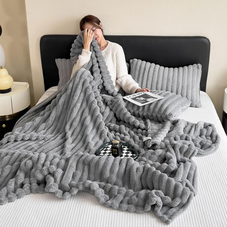 Manta Frazada Polar Plaza y Media Acanalada Suave Cama Sofá Gris Claro