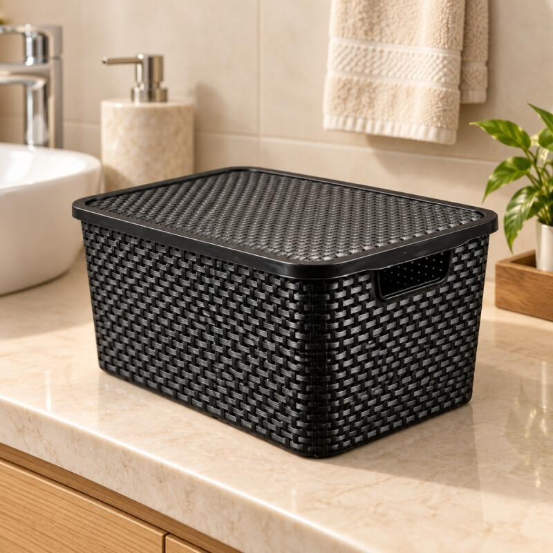 Set x12 caja organizadora simil ratán 7lts NEGRO