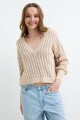 Sweater escote V calado BEIGE