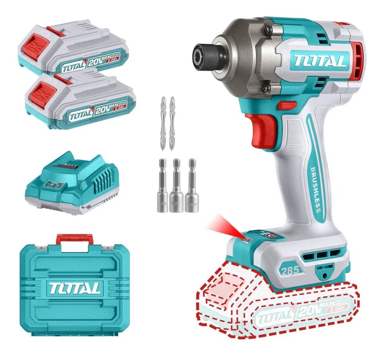 Kit Atornillador de Impacto Industrial Brushless Total 20V 285Nm con 2 Baterías 