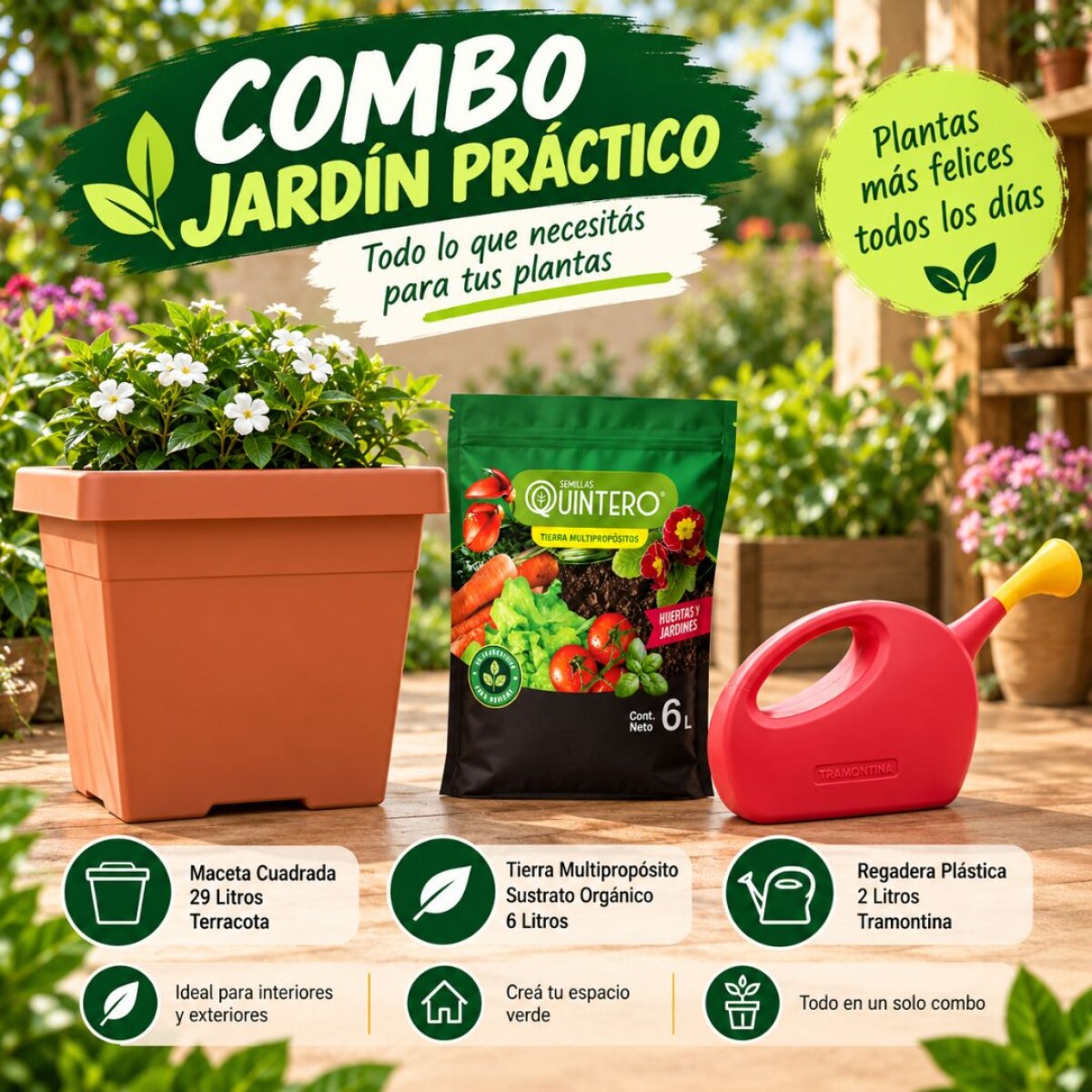 Combo Maceta 29lts + Tierra Multiproposito + Regadera 2lts 