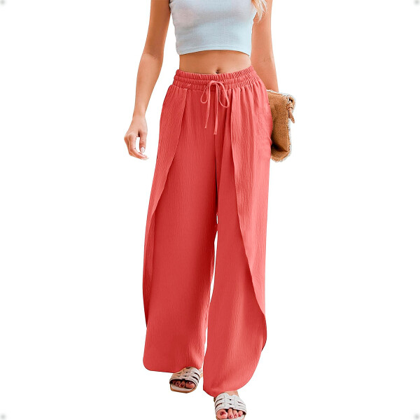 Pantalón Palazzo Elastizado Liso con Abertura Coral